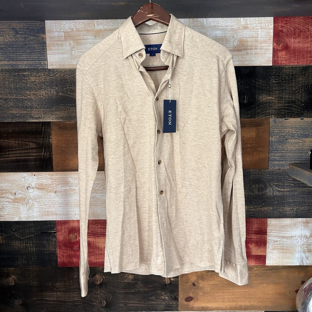 Eton Mens Beige Cotton Dress Shirt Casual Long Sleeve 056262597-34 S